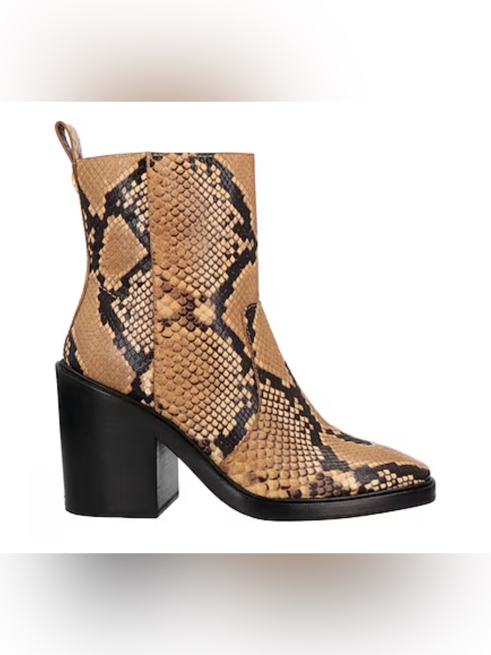 Tory Burch Tan and Black Snake-Print Block Heel Ankle Boot
